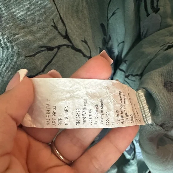 Elena Baldi Women's Size Large Blue Floral 100% Linen Short Sleeve Linen Blouse - Picture 6 of 6